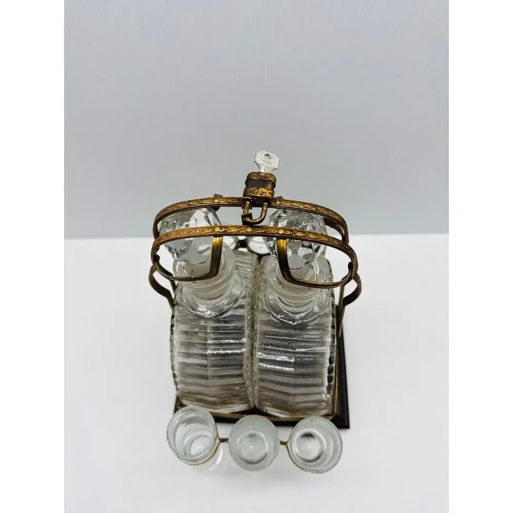 Vintage Cut Glass Decanter Set Brass Holder 6 Shot Glasses Wooden Base Barware